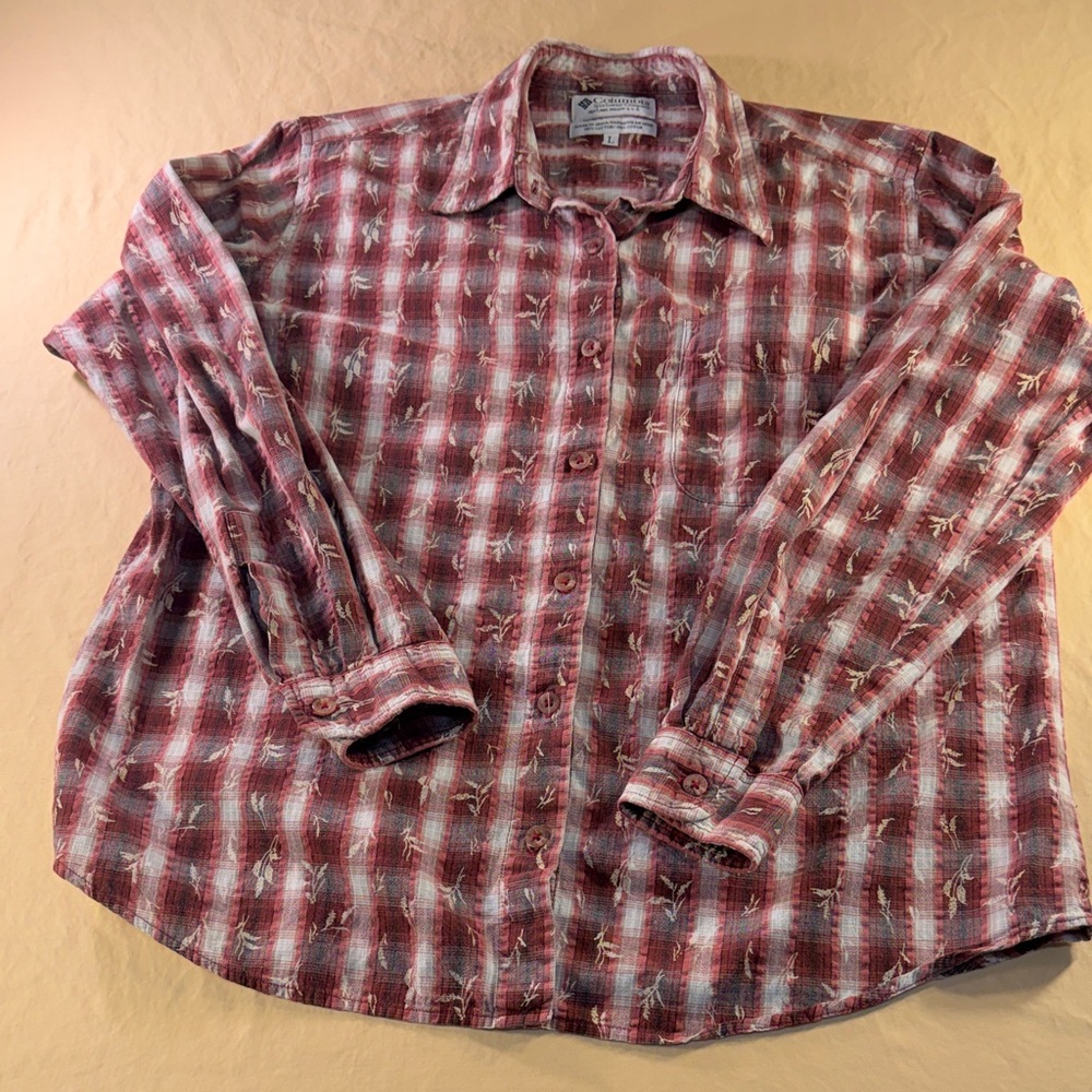 Vintage Columbia, men’s red and white plaid shirt with a leaf pattern design